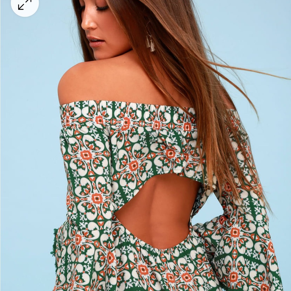 LULUS Wanderlust for Life Green Print Off-the-Shoulder Mini
Dress - Picture 2 of 7